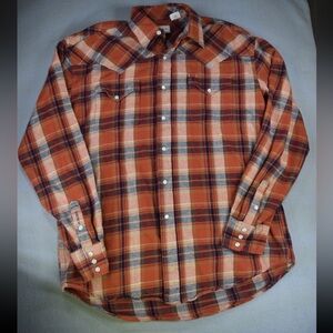 Stetson Mens Plaid Western Snap Button Shirt L Orange Brown Long Sleeve Cowboy